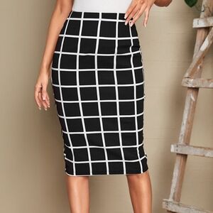 Mid Century Modern Navy Blue & White Grid Nylon Blend Pencil Straight Skirt S